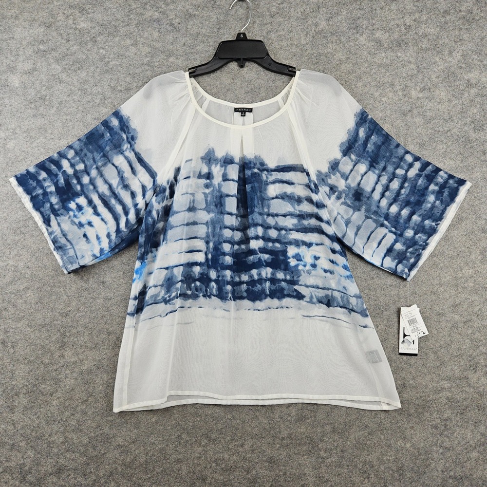 NEW Hannah Blouse Women's Small White Navy Blue Tie Dye Sheer Kimono Sleeve NWT